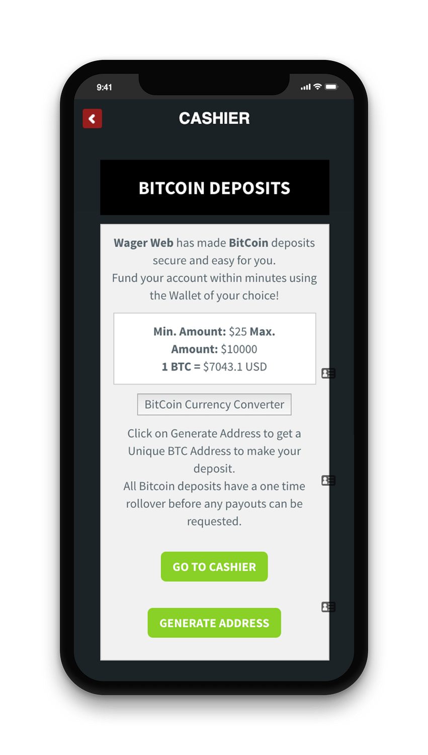 WagerWeb Deposit Screen
